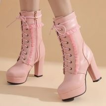 Kurze Stiefel Damenschuhe 2025, Frühling und Herbst, Lolita-Stiefel, dicker Absatz, wasserdichte Plateau-High-Heels