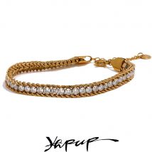 Yhpup glänzende Zirkonia Edelstahl kette Gold Farbe pvd plattiert Armband Armreif für Frauen hochwertigen Schmuck wasserdicht