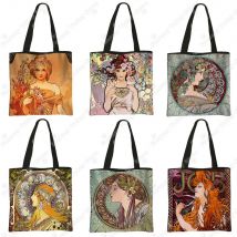Ölgemälde von Alphonse Mucha Print Umhängetaschen Frauen kausale Taschen Schönheit Damen Handtasche weibliche wieder verwendbare Lagerung Einkaufstasche