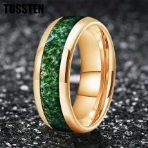 TUSSTEN 4/6/8MM Dome Edges Mens Womens Fashion Engagement Wedding Band Green Moss Agate Inlay Tungsten Carbide Rings