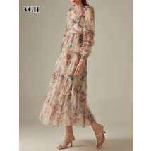 Vgh Patch worl essbare Baumpilz Blumen kleider für Frauen Rundhals ausschnitt Langarm hohe Taille Temperament Falten Mesh Kleid weiblich