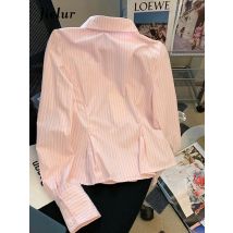 Jielur Sommer neue rosa vertikal gestreifte Frauen bluse Polo-Ausschnitt Langarm bluse weiblich süß lässig einfach einfach Frau Top