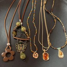Vintage braune Naturstein-Anhänger-Halskette für Damen, modisch, geometrisch, lange Lederseil-Halskette, Pullover-Kette, Schmuck, Geschenke