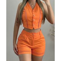 Frauen Sommer Elegante Hose Anzug Weste Casual Shorts Set Zwei Stück Leichte Vintage Einfarbig Jacke Top Shorts Für Büro