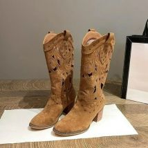 Damenstiefel, hohl bestickt, Westernstiefel, Retro-Wildleder, Cowboystiefel, klobige Absätze, Damenschuhe, Designer-Nieten-Stiefel mit mittlerer Wade