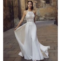 Boho-Overall-Hochzeitskleid, rückenfrei, Chiffon, ärmellos, Spitze, Brautkleider für Frauen, 2025, Land-Brautkleider nach Maß