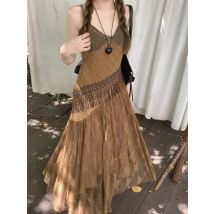 Vestido de estilo coreano para mujer, traje étnico irregular, con tirantes finos, estilo Hippie, bohemio, con borlas y costuras de malla, para playa y verano