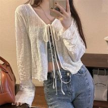 Women's Knitted Summer Top Thin Short Sleeve Bow Design Korean Cardigan Fashion Casual Solid Color Sun Protection Y2k Blouse