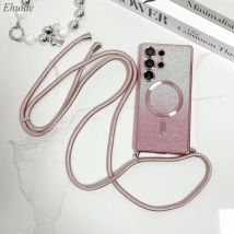 Strap Magnetic Case For Samsung S25 Ultra Galaxy S24 FE S21 S26 S22 S23 Plus A56 WirelessGlitter Plating Crossbody Lanyard Cover
