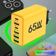 USB-Handy-Ladegerät, 6 Anschlüsse, insgesamt 65 W, Typ C, schnelles Aufladen, QC3.0, für iPhone, Samsung, Xiaomi, EU/US-Stecker, Schnelllade-Wandadapter