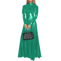 Women New Fashion Plus Size PVC Leather Long Dress Elegant Faux PU Leather Slim A-line Dress Office Lady Slim Fit Vestido Female