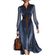 Women Leopard Printed Mesh Dress Colorblock Lapel Collar Single Breasted See Through Elegant Vintage Chic Long Sleeve Dress
