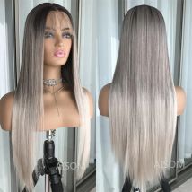 Ombre Ash Grey Straight Lace Front Perücke Natur haar mit dunklen Wurzeln synthetische Spitze Perücken für Frauen hitze beständige Faser Haare