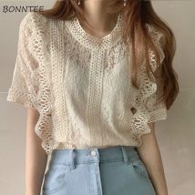 Abgeschnitten Shirts Frauen Kurzarm Oansatz Casual Spitze Aushöhlen Elegante Mode Retro Alle-spiel Schlank Sommer Chic Top ulzzang Ins