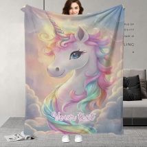 Regenbogen-Einhorn-Decke mit individuellem Namen, perfektes Geschenk für Geburtstag und Kinder – verträumtes Einhorn mit buntem Mähnen