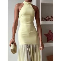Sexy Mesh Patchwork Drapiertes Partykleid Elegantes Neckholder Ärmelloses Schlankes Kleid Langes Kleid Mode Hohe Taille Gelbes Abendkleid