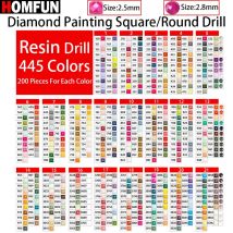 HOMFUN 445 Farben mit 5D-Diamanten, geeignet für Diamantmalerei, Kunsthandwerk usw. Quadratische runde Diamanten aus Kunstharz, 200 Stück pro Farbe