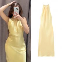 EDSA Damen-Midikleid aus gelbem Satin, Neckholder, hohe Taille, ärmellos, offener Rücken, lange Damenkleider für Party, Urlaub