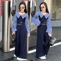 Französisches Design für Teenager-Mädchen, schulterfreies Spleißgitter-Oberteil + Hose mit weitem Bein, 2-teiliger Junior-Kindermode-Anzug, Kinder-Outfits