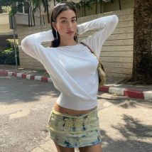 Lygens Solide Slash Kragen Langarm Fit Hohe Taille Crop Top T-shirt Casual Kleidung Herbst Streetwear Fashion Großhandel Kleidung