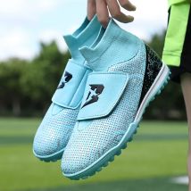 Hohe Qualität Rasen Fußball Schuhe Jungen Mädchen High Top HAKEN & SCHLEIFE Kinder Futsal Turnschuhe Mode Grün TF Fußball stiefel Für Kinder