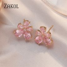 ZAKOL Romantische rosa Kirschblüten Ohrstecker für Frauen Shinny Zirkonia Blumenohrring Mädchen Party Schmuck