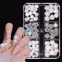 3D weiße Aurora Kamelie Nail Art Charms Strass 90PCS Schmuck Acryl Harz Dekorationen DIY Handwerk Blumen Maniküre Design