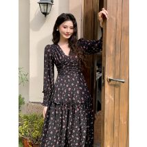 Mode frauen V-ausschnitt Midi Kleidung Neue Frühling Sommer Langarm Blume Priting Hohe Taille Schlank EINE Linie Elegante Party kleid
