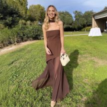 Mode Trägerloses Kleid Mit Band Weibliche Elegante Ärmellose Patchwork Mesh Strand Urlaub Langes Kleid 2025, Sommer Neue Kleid