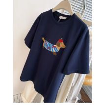 Sommer süßer Hund bestickt Rundhals lose Baumwolle Kurzarm T-Shirt Top für Frauen