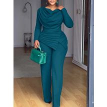 Swing Collar Ruched Jumpsuit Long Sleeve Solid Elegant Office Ladies Asymmetric Hem Autumn Casual Vintage Ruched Slim Rompers