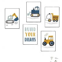 Cartoon Crane Excavator Tractor Truck Wall Art Canvas Painting Nursery Print Child Poster Nordic Wall Pictures Boys Room Decor