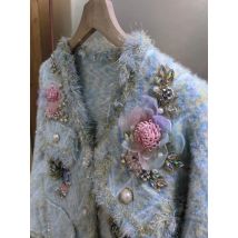 Real Photo Luxus Stil Diamanten Blume Stich Strickwaren Strickjacke Mantel Für Frauen Dicke Warme Winter Pullover Outwear Gestrickte Jacke