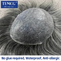 Männliche Haarprothese, kein Kleber erforderlich, antiallergisch, Herrenperücke, doppelt geknotet, 0,08 mm Hautbasis, langlebig, 100 % Echthaar-Toupet für Männer