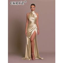 Damen Sommer Satin Abend Geburtstag Party Kleider Frauen Ärmellos Rückenfrei Neckholder Seitenschlitz Elegantes Langes Kleid Mowan Kleidung