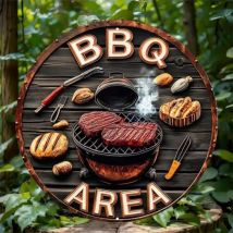 Targa in metallo per area barbecue rotonda di ispirazione vintage, decorazione per esterni a tema griglia con strumenti per bistecche, accessorio per patio retrò, bar, caffetteria