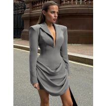 Sisterlinda Classic Ruched Dress Women Lapel Irregular Hem Full Sleeve Skinny Solid Elegant Autumn Trend Commute Office Bodycon