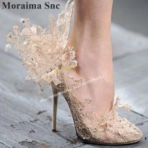 Landebahn Aprikose Air Mesh Blume Dekor Pumps dünne High Heel Schuhe für Frauen schlüpfen auf spitzen Zehen 2024 Mode Zapatos Para Mujere