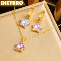 DIEYURO 316L Edelstahl Bunte Glänzende Blume Zirkon Halskette Ohrringe Anzug Frauen 2024 Neue Stern Trend Nicht-verblassende schmuck Set