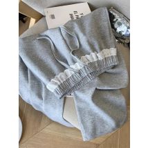 Korean Fashion Solid Hosen Weibliche Grau Spitze Patchwork Jogginghose Frauen Hohe Taille Beiläufige Lose Hosen Elegante Breite Bein Hosen
