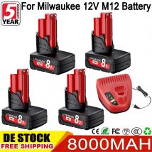 8000mAh Akku für Milwaukee 12V Werkzeugakku für Milwaukee Schlagbohrmaschinen Akkuhalter Ersatzakku für Milwaukee M12