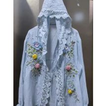3D Flowers Stitch Beaded Cotton Linen Open Stitch Hooded Cardigan Top for Women Spring Summer Mid-length Sunscreen Shirt Blouse
