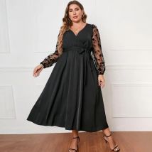 Langarm Wrap Plus Size Frauen Kleid elegante bestickte Spitze Mesh Gürtel hohe Taille Wrap plus Größe Midi-Kleid