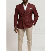 Chic Men Suits Burgundy Double Breasted Blazer with Beige Trousers Fashion Business Groom Wedding Party Tuxedos 2 Piece