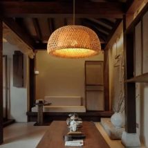 Lampada a sospensione intrecciata a mano in rattan di bambù Lampadario rustico Boho Plafoniera beige per cucina Isola Sala da pranzo Camera da letto Soggiorno