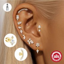 ROXI 925 Sterling Silber 1 Stück geometrischer Zirkon-Quasten-Piercing-Ohrring für Frauen 18 Karat Gold flacher Kopf Party Hochzeit Schmuck