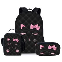 Rosa Katzen-Dreiteiliges Rucksack-Set für Jungen und Mädchen, beste Geschenke, 2D flache Cartoon-Schultasche für Kinder