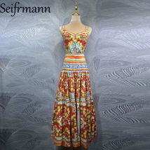 Seifrmann Fashion Women's Set with Camisole Cotton Top+elegant Printed Casual Cotton Half Skirt Summer Two-piece Set