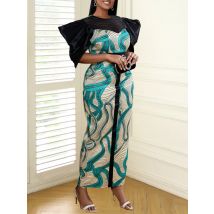 Aomei elegant bedruckte lange Kleider Frauen fliegende Umhang Ärmel o Hals Spitze Patchwork Abend party afrikanische weibliche Kleider plus Größe