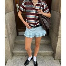 YENKYE 2025 Frauen Amerikanischen Retro Kontrast Gestreiften T Shirt Frauen Polo Kragen Kurzarm Preppy Vintage Tees Y2K Tops
